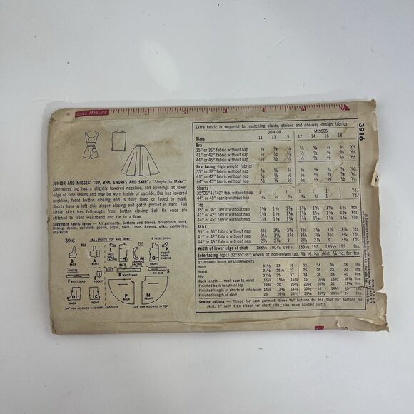 Bra Top Shorts Skirt Size 14 B34 Vintage 60s CUT Pattern 3916 Side Zip Sleeveles - Picture 2 of 2